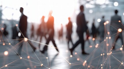 Blurred Figures of Business People Walking in a Network Grid Setting