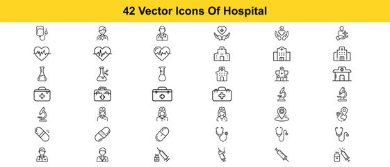 Comprehensive Set of 42 High-Quality Vector Icons for Hospital and Healthcare Professionals, Perfect for Websites and Applications.