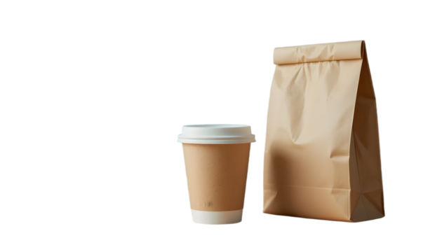 Minimalistic setup of a paper cup and bag suggesting portability and eco-consciousness. no text. no merk