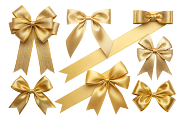 Golden ribbon bows isolated on transparent background 