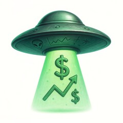 Alien Abduction Icon for Financial Gain, Eerie Green and Silver Disk, Surreal Economic Theme Isolated on White
