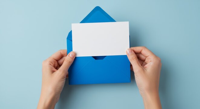 Feminine hands delicately presenting a blank white card from a blue envelope