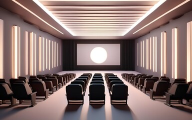 Modern Cinema Interior – Blank Screen with Empty Black Seats (3D Render)