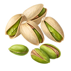 pistachio nuts with open shells and vibrant green kernels, scattered and isolated on transparent background, healthy natural snack.