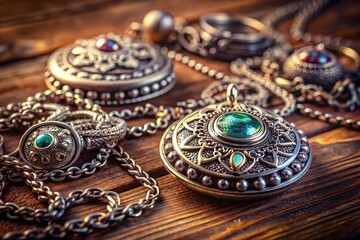 Obraz premium Miniature World of Antique Silver Jewelry: Close-up Tilt-Shift Photography