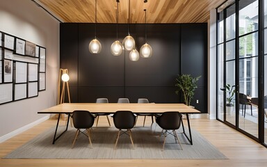 Modern Office Wall Mockup – Black Interior with Night Meeting Room View
