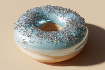 Glazed donut with light-blue icing and silver sprinkles,  presented on a beige background, showcasing a sweet treat, perfect for bakery or food photography