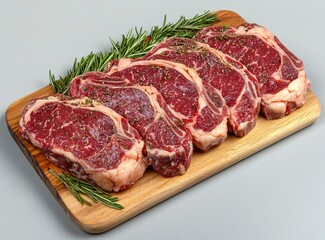 Fototapeta premium Raw beef steaks on a wooden board with herbs and spices, top view, gray background, flat lay, stock photo. Space for text occupies approximately two-thirds of the image. 