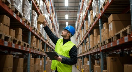 Warehouse worker inspecting inventory on high shelves wearing safety equipment