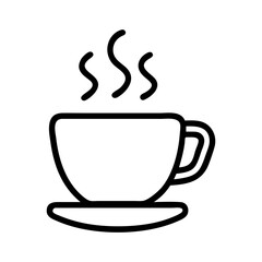 Modern line art vector illustration of a coffee cup icon with steam rising in minimal flat design