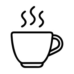 Modern line art vector illustration of a coffee cup icon with steam rising in minimal flat design