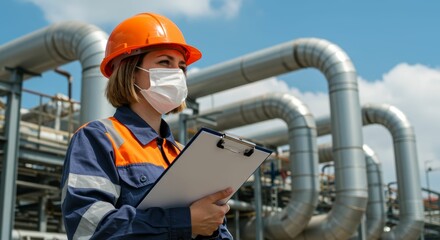 Industrial worker performs safety checks on pipeline infrastructure wearing PPE