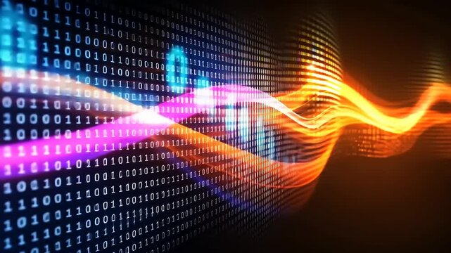 Binary code streams with a light wave pattern, data communication, and digital world concept