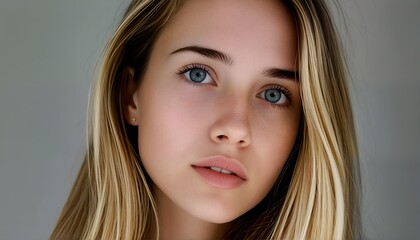 Fototapeta premium a close-up portrait of a young woman with striking blue eyes and light brown hair against a muted gray background.