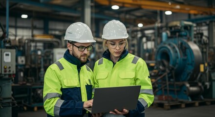 Two engineers collaborate using a laptop in an industrial manufacturing plant setting