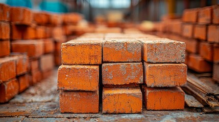 Close up of red bricks stacked in a construction site.