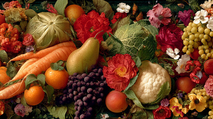 Abundant still life showcasing various fruits, vegetables, flowers. Orange citrus fruits, carrots, pear, grapes, cabbage, cauliflower, vibrant blossom create rich composition suggesting natural beauty