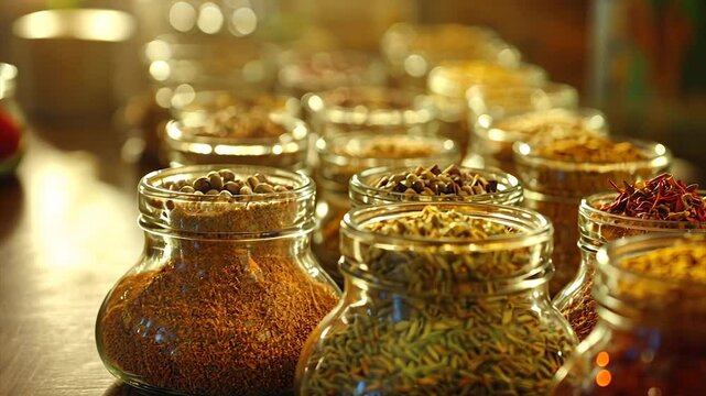 Glass jars filled with diverse spices and herbs