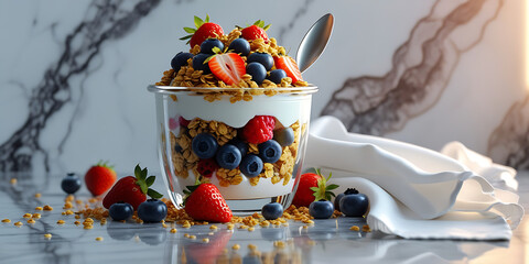 Glass parfait with yogurt, granola, strawberries, and blueberries on marble countertop