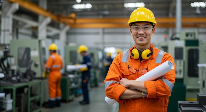 Confident Asian engineer smiles holding blueprints in a bright industrial setting