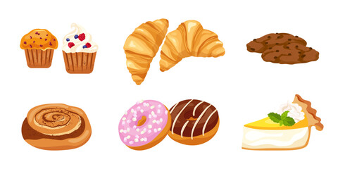 Bakery shop yummy cupcake, donut, croissant and cheesecake. Tasty sweet baked food, muffin, chocolate biscuits. Colorful flat vector illustrations of pastry desserts set isolated on white background