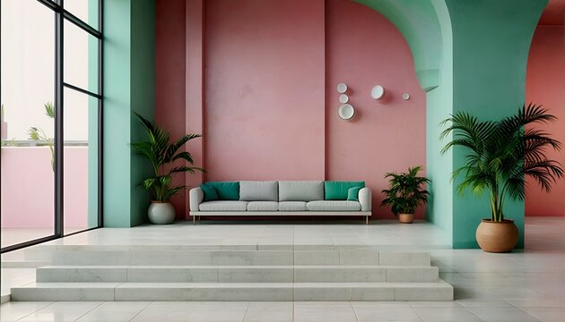 a minimalist interior showcases a pale green and blush pink color scheme with a stepped platform and lush tropical plants.