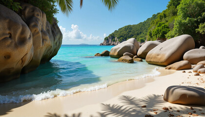 Tropical Beach with Rock Formations and Clear Blue Water for Travel Blogs, Nature Websites, Vacation Inspiration, Outdoor Awareness, and Landscape Photography
