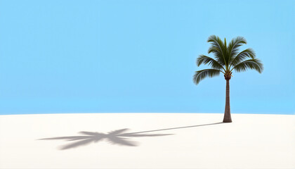 Palm Tree Casting Shadow on Sandy Beach Under Clear Blue Sky for Tropical Travel Blogs, Vacation Planning Websites, Relaxation Articles, and Nature Photography Content -