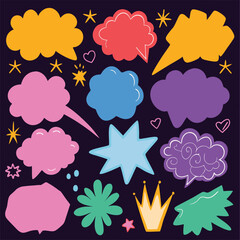 Set of doodle and speech bubble vector. Collection of contemporary figure, speech bubble, arrow, sparkle, crown. Chat design element perfect for banner, print, sticker, cartoon, comic 