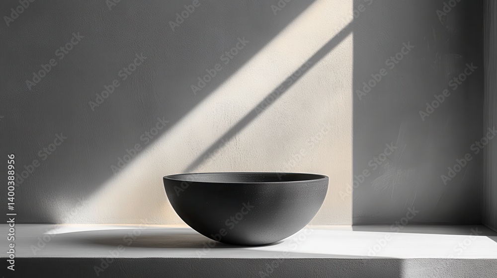 Poster Elegant modern sculpture displayed on a minimalistic white table, capturing soft sunlight and creating intriguing shadows in a serene indoor setting