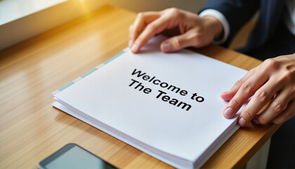 New Employee Orientation Welcome Kit on Wooden Desk for Human Resource Blogs, Corporate Websites, Team Building Articles, Recruitment Platforms, and Business Education Materials -