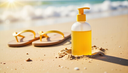 Sunscreen Bottle on Beach Sand with Flip Flops for Summer Travel Blogs, Sun Protection Guides, Skincare Websites, and Vacation Planning