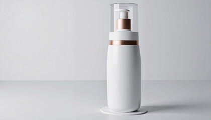 Modern White Cosmetic Pump Bottle with Gold Accents on Minimalist Surface for Beauty Blogs, Product Reviews, Skincare Websites, and E-commerce Platforms -