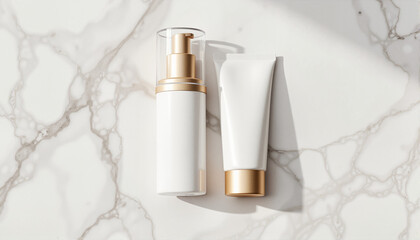Elegant Skincare Bottles on Marble Surface for Beauty Blogs, Wellness Websites, Product Promotion, Lifestyle Articles, and Social Media Marketing