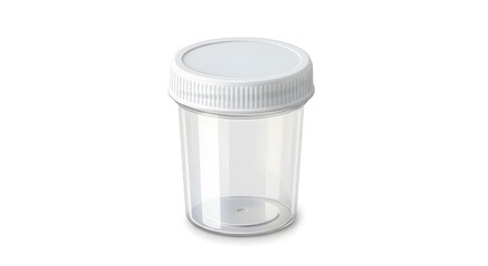 A simple clear plastic jar with a white lid, ready for its purpose, waiting to hold memories or important samples, pristine and untouched, a versatile container.
