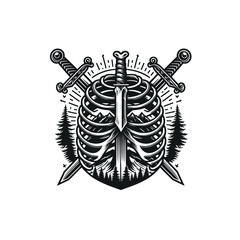 Fototapeta premium Ancient Battleground: A dramatic emblem of courage and fortitude, a ribcage pierced by a sword, flanked by crossed swords. The image combines elements of battle and nature.