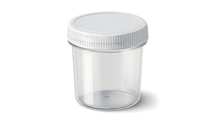 A simple, clear plastic jar with a white lid, perfect for storing small items or samples, ready for use, clean and functional design.
