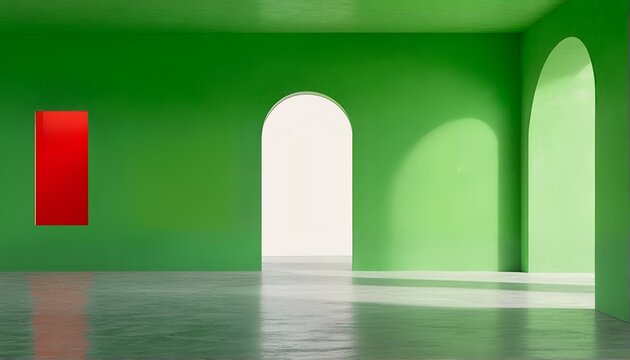 a minimalist green room features two arched openings leading to a bright white space and a striking red rectangular panel on the left wall, all reflected on a glossy green floor. - Powered by Adobe