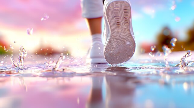 Walking through a pastel sunset puddle artistic splash photography
