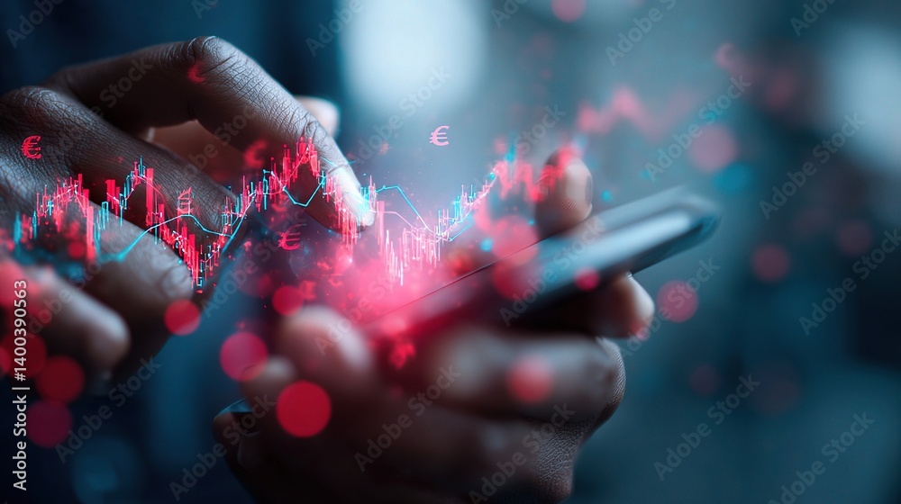 Poster double exposure of hands using mobile device with conceptual graphics