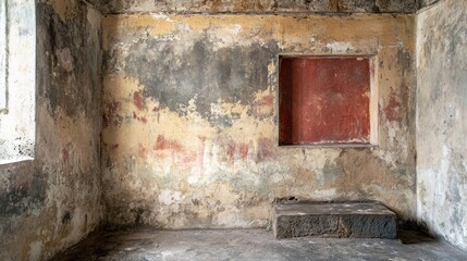 Ancient room with weathered walls, remnants of frescoes, and a stone bench.