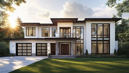 Modern luxury home exterior.  Spacious, contemporary design with large windows and a covered patio.  Elevated style, perfect for a family