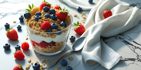 Glass cup with layers of yogurt, granola, strawberries, and blueberries on marble surface