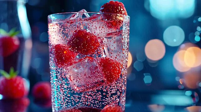 Sparkling raspberry drink with ice in a glass