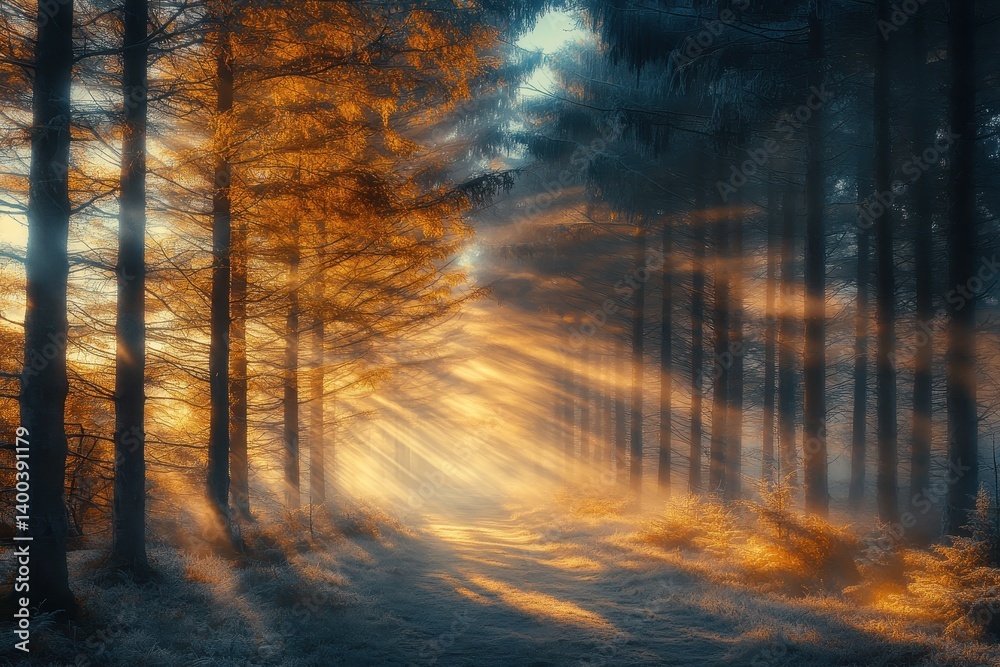 Poster Mysterious fog envelops a forest path during early morning light, creating an ethereal atmosphere as trees loom in the background