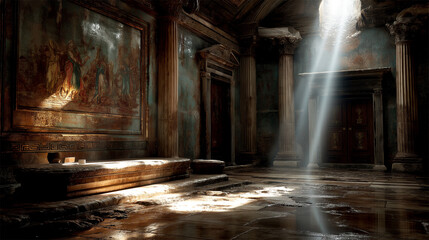 Fototapeta premium Fall of the Roman Empire shown in decaying frescoed chamber with shafts of divine light 