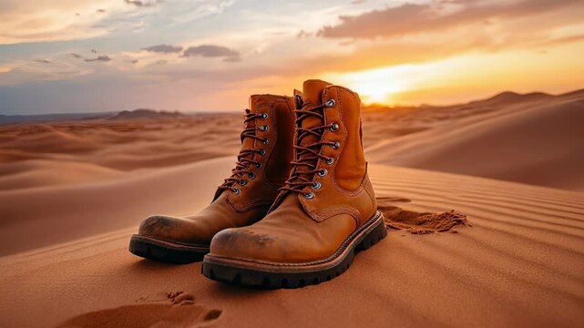 Exploring vast desert landscape at sunset with rugged boots resting on golden sands