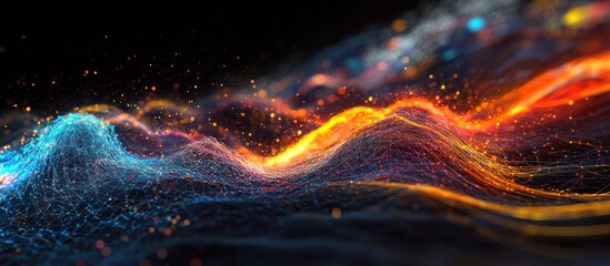Abstract fiery and blue digital wave landscape.