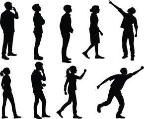 Silhouette people vector art illustration standing walking pointing looking up silhouettes human figures design 


