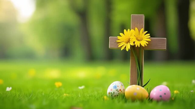Easter cross, daisies and eggs set in a fresh green landscape